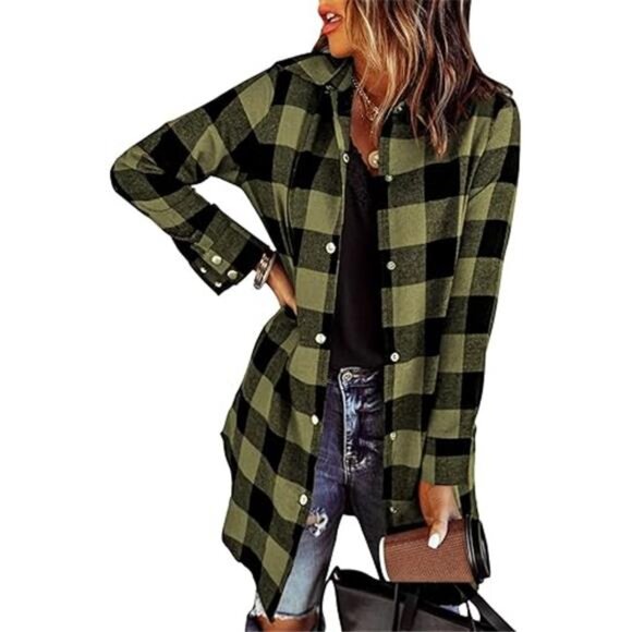 Color Block Plaid Shacket Jacket Womens Fall Clothes Fashion Outfits - Picture 7 of 7